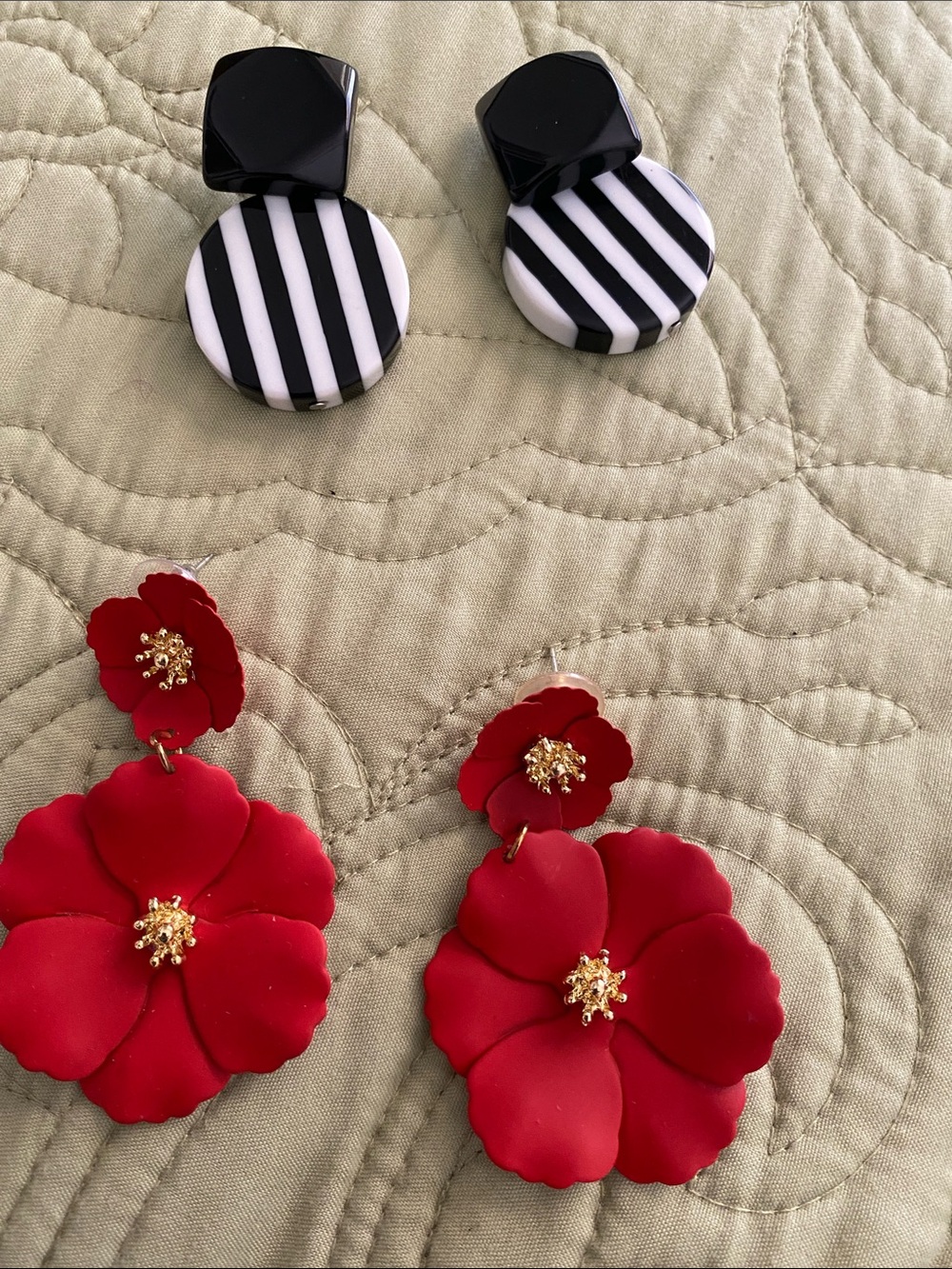 Red Floral Drop Earrings and Black & White Striped earrings
